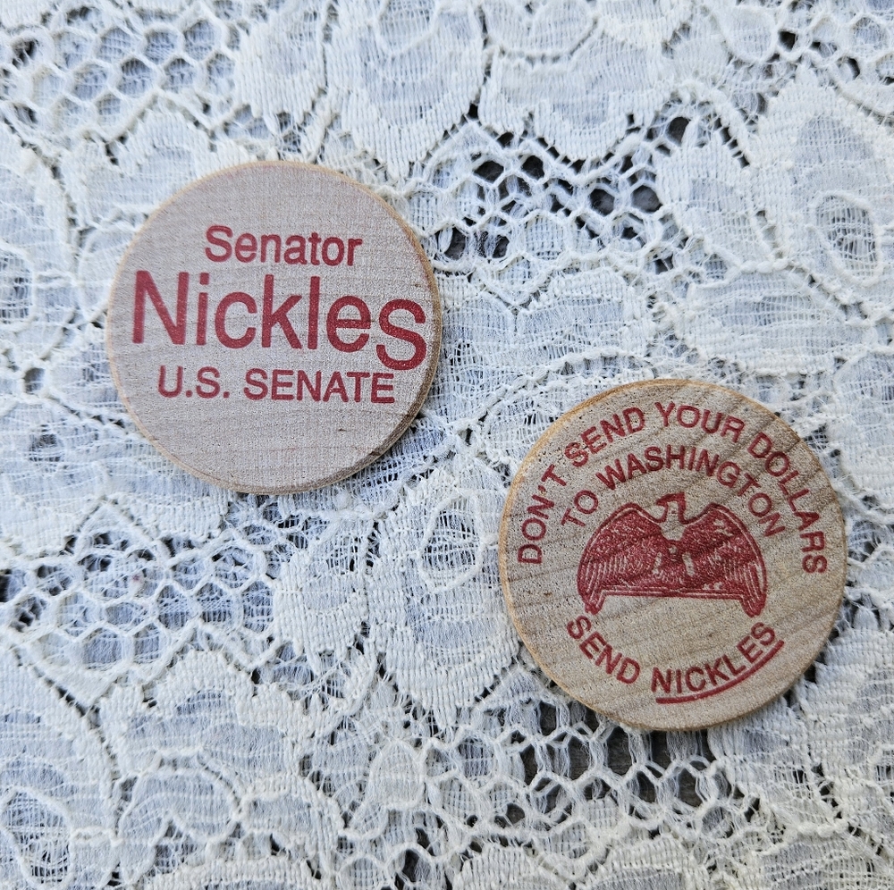 2 Vintage Wooden Nickles Oklahoma Political Advertising Senator Don Nickles